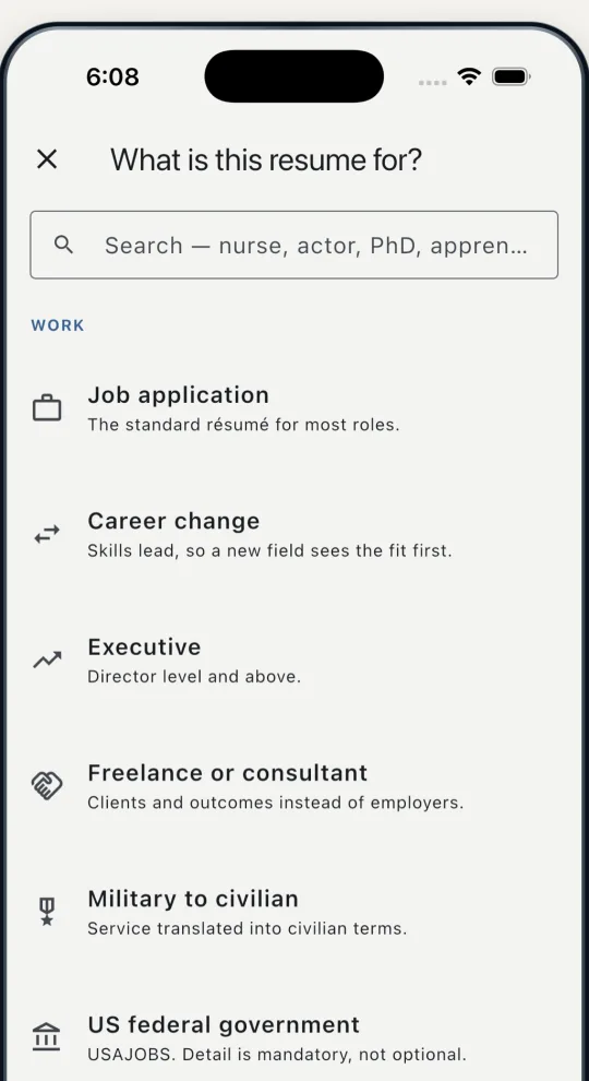 Choosing a resume type in Dossier: job application, career change, executive, US federal and more