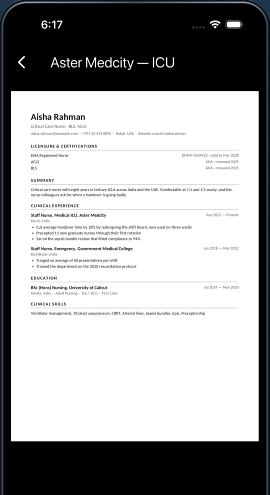 A finished resume in Dossier ready to download as a PDF with no watermark