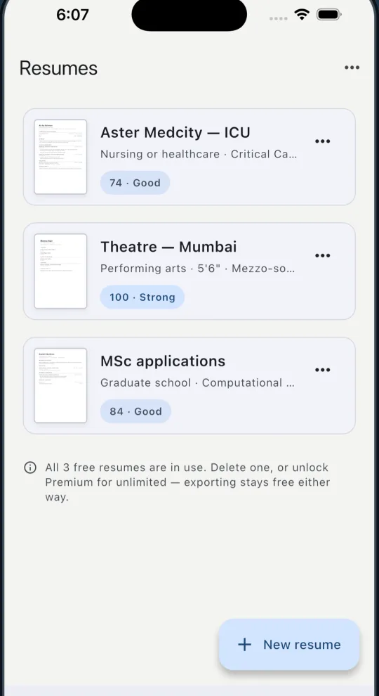 Dossier resume list stored only on the device, with no account